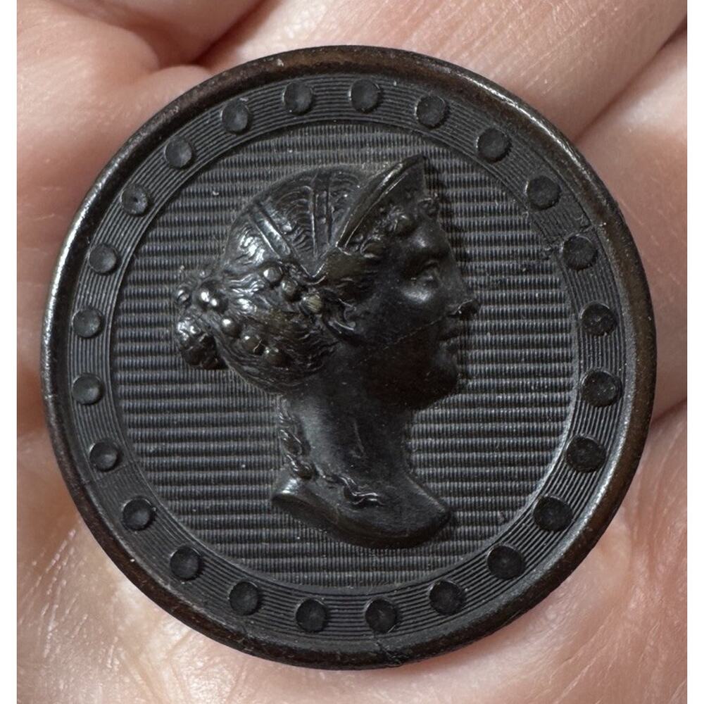 Antique (7) Natural Horn Buttons Embossed Roman Goddess Cameo Style Shank 1.25”